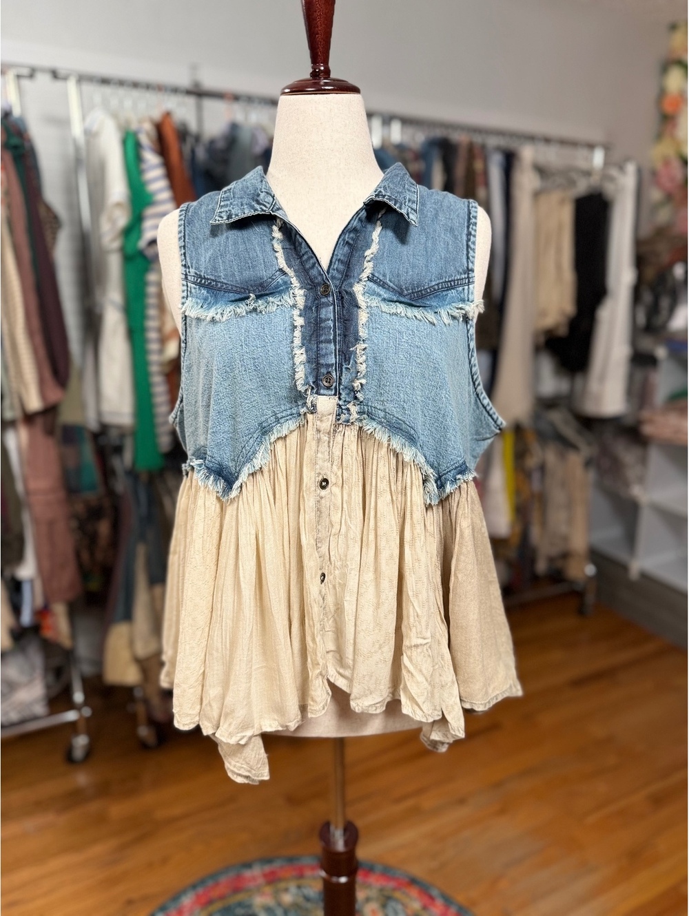 YOUNG THREADS Latte Distressed Denim Boho Western Tunic Top NWT 2X